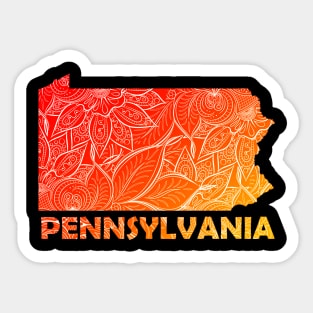 Colorful mandala art map of Pennsylvania with text in red and orange Sticker